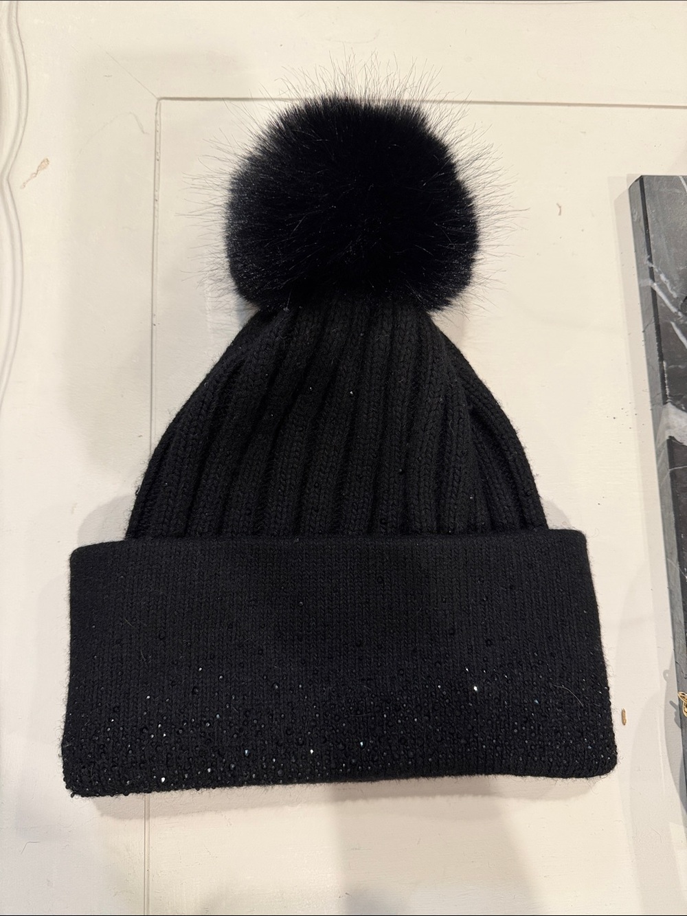 White House Black Market Black Ribbed Pom Pom Beanie